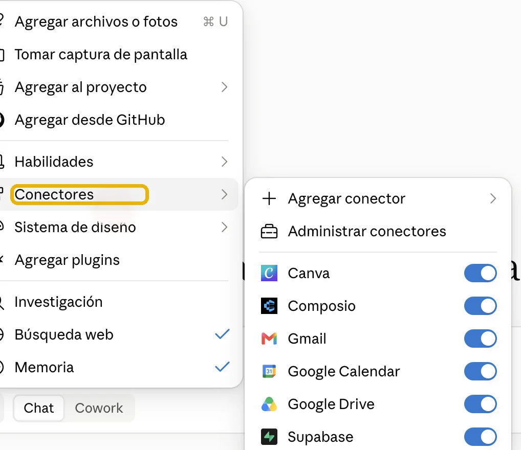 Menú del botón más con Conectores marcado y la lista de conectores: Canva, Gmail, Google Calendar, Google Drive